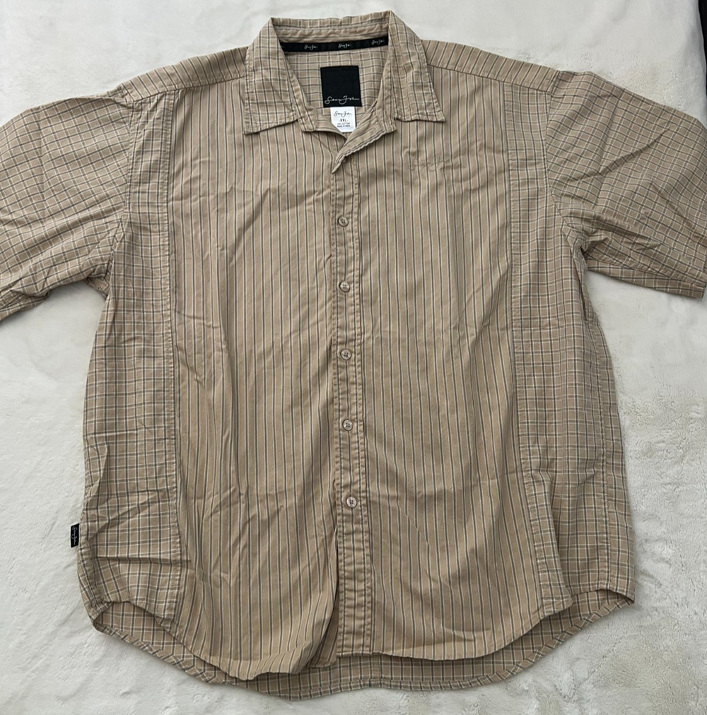 Sean John Mens XXL Beige Plaid Stripe Short Sleeve Button Up Shirt Cotton